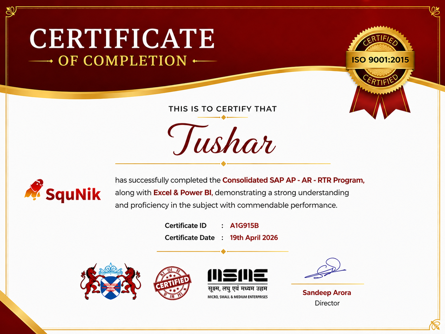 Tushar Certicate